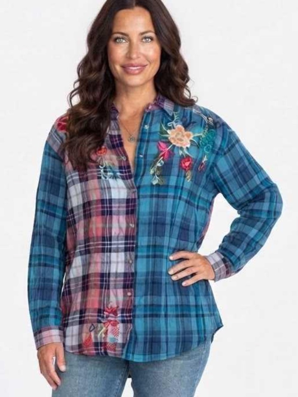Johnny Was heavily embroidered Eliona Mixed Plaid Snap Front Button NWT